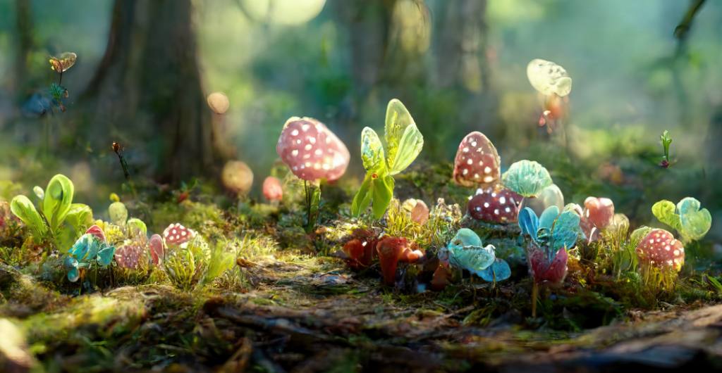 Bild eines Waldboden mit Moos und Pilzen